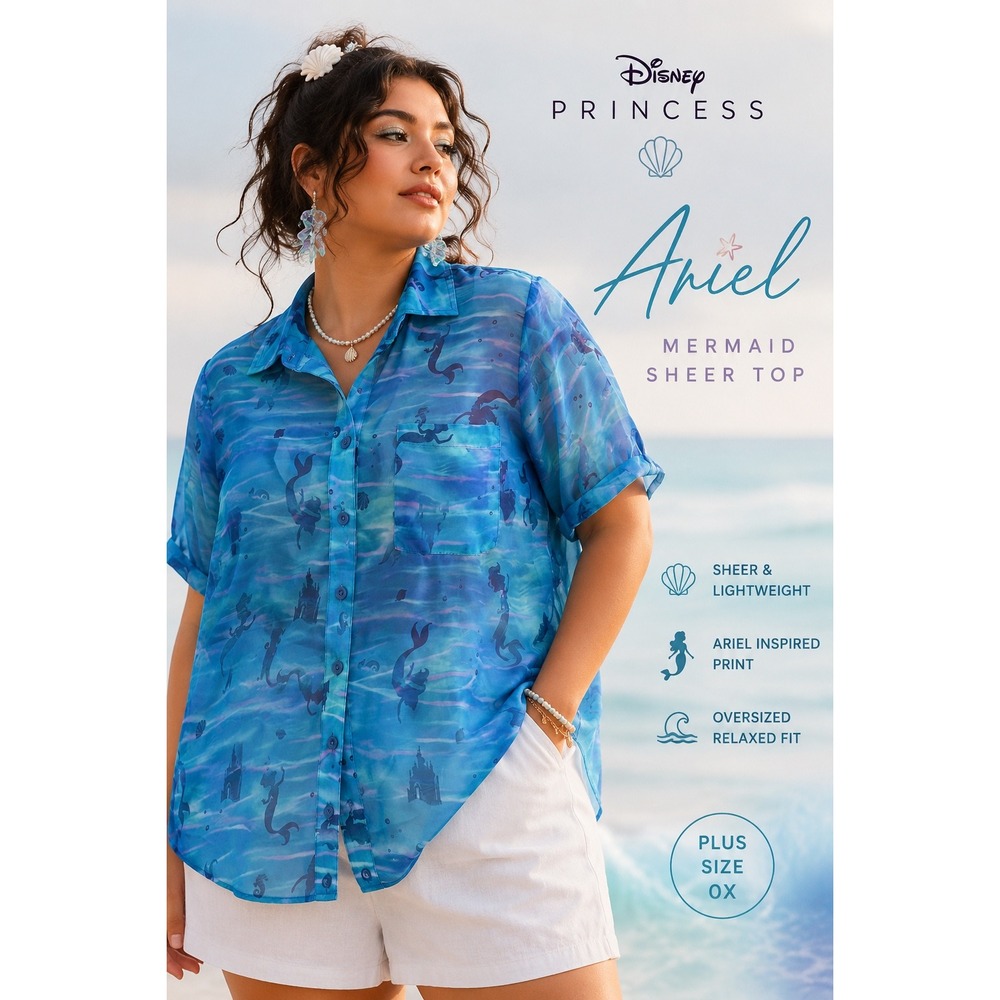 Disney Princess Ariel Mermaid Sheer Button Up Top Plus Size 0X Blue Ocean
